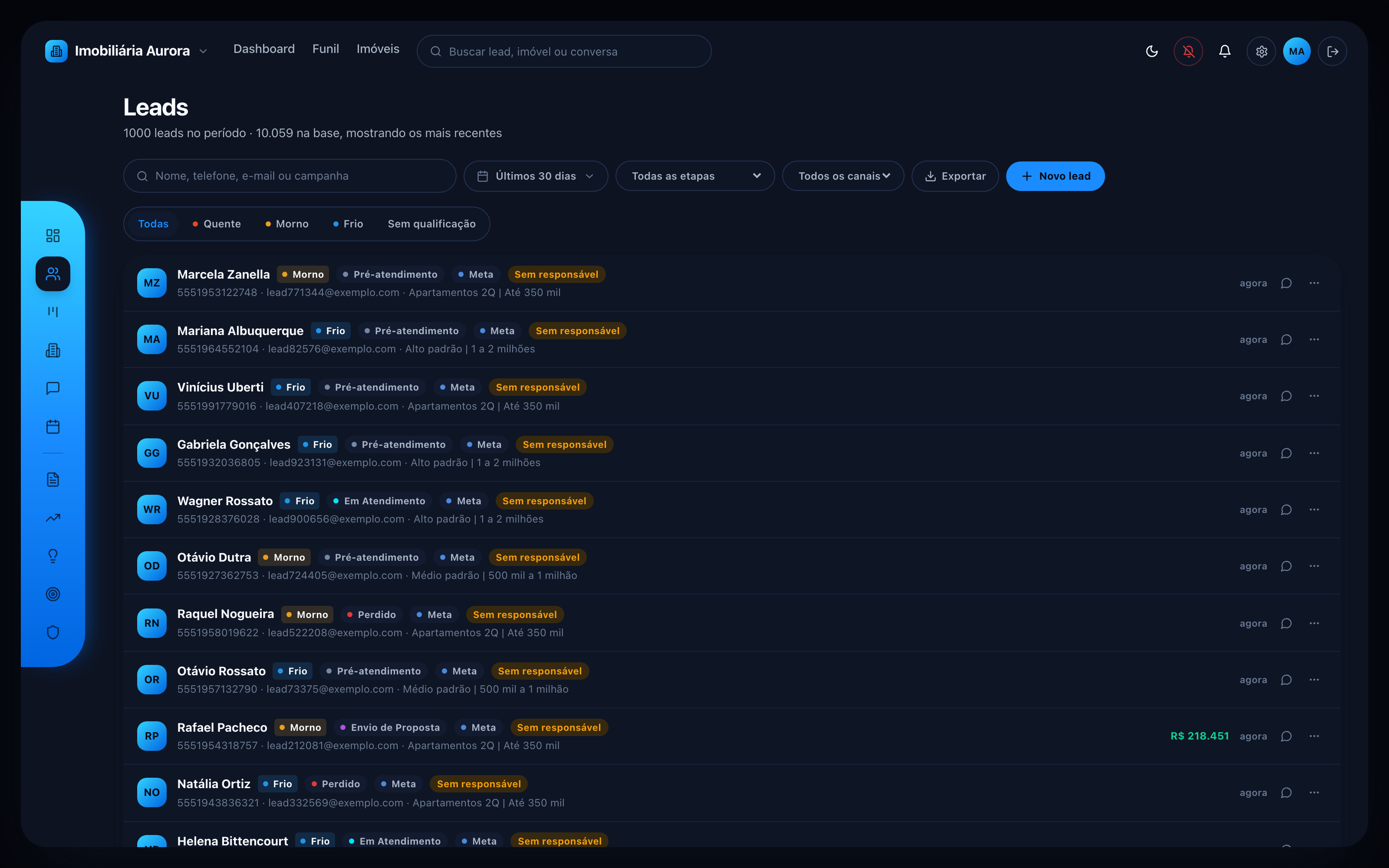 Lista de leads com filtros de período, etapa, canal e temperatura